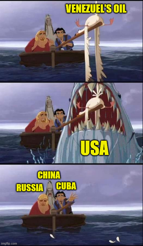 Which Countries Won and Lost in Venezula | VENEZUEL'S OIL; USA; CHINA; CUBA; RUSSIA | image tagged in road to el dorado,venezuela,oil,usa,china,cuba | made w/ Imgflip meme maker