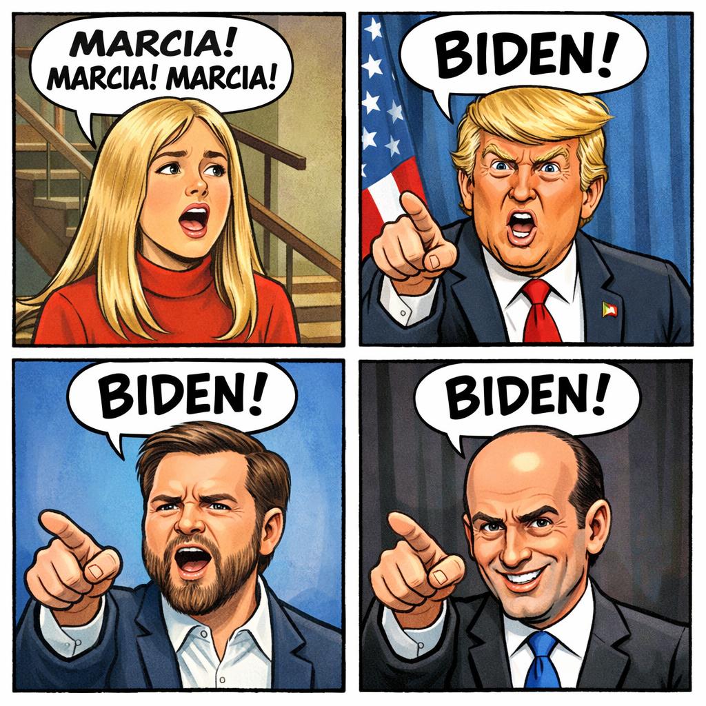 Jan Brady saying: Marshall Marsha Marsha and then Trump saying B Blank Meme Template
