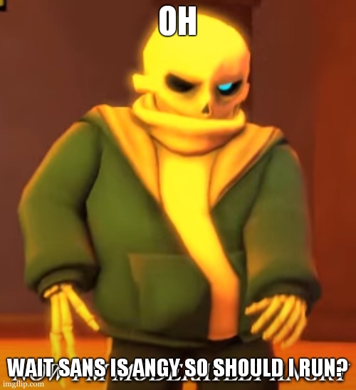 Now Im moderately angry | OH WAIT SANS IS ANGY SO SHOULD I RUN? | image tagged in now im moderately angry | made w/ Imgflip meme maker