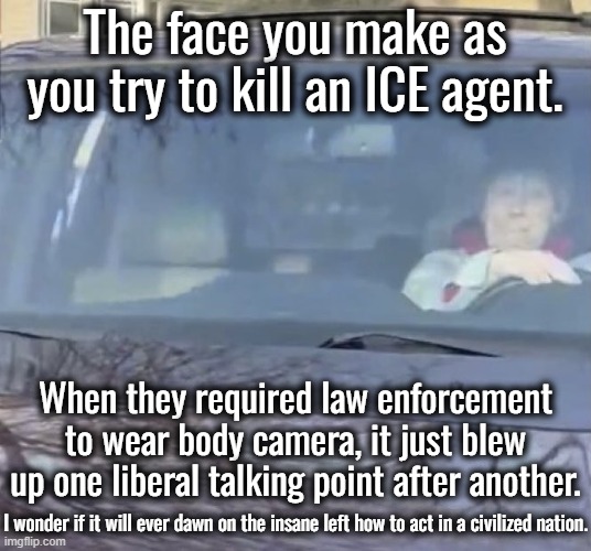 It would be nice if we could institutionalize liberal activists.  Liberalism is a mental disorder. | The face you make as you try to kill an ICE agent. When they required law enforcement to wear body camera, it just blew up one liberal talking point after another. I wonder if it will ever dawn on the insane left how to act in a civilized nation. | image tagged in this was her murder face,liberals are on the side of evil,having control of the media does not make what you do right | made w/ Imgflip meme maker