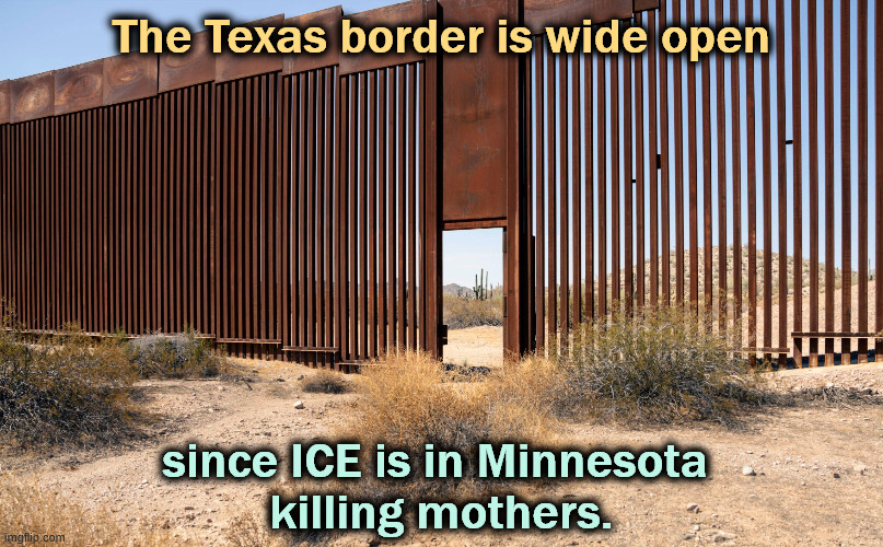 The Texas border is wide open; since ICE is in Minnesota 
killing mothers. | image tagged in immigration,borders,texas,ice,minnesota | made w/ Imgflip meme maker