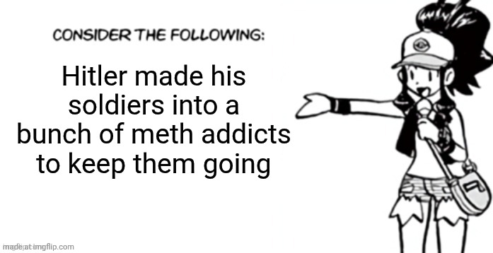 Consider the following pokespe | Hitler made his soldiers into a bunch of meth addicts to keep them going | image tagged in consider the following pokespe | made w/ Imgflip meme maker