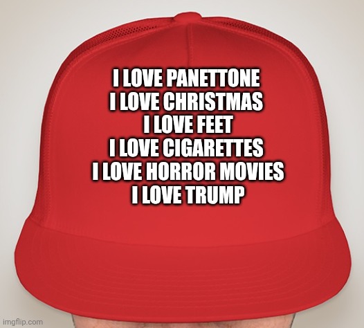 My passions | I LOVE PANETTONE 
I LOVE CHRISTMAS 
I LOVE FEET
I LOVE CIGARETTES 
I LOVE HORROR MOVIES
I LOVE TRUMP | image tagged in trump hat | made w/ Imgflip meme maker
