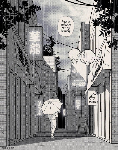 A dark graphic story called 'Butter Corn Ramen' by Adam Ellis (I'll be posting this story for the next few days!) | image tagged in travel,hokkaido,japan,birthday,rain,raining | made w/ Imgflip meme maker