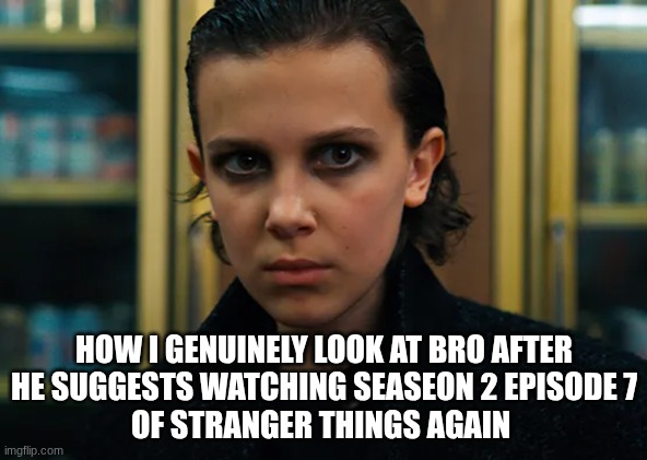 stranger things | HOW I GENUINELY LOOK AT BRO AFTER
HE SUGGESTS WATCHING SEASEON 2 EPISODE 7
OF STRANGER THINGS AGAIN | image tagged in stranger things | made w/ Imgflip meme maker
