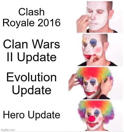 Clown Applying Makeup | Clash Royale 2016; Clan Wars II Update; Evolution Update; Hero Update | image tagged in memes,clown applying makeup | made w/ Imgflip meme maker