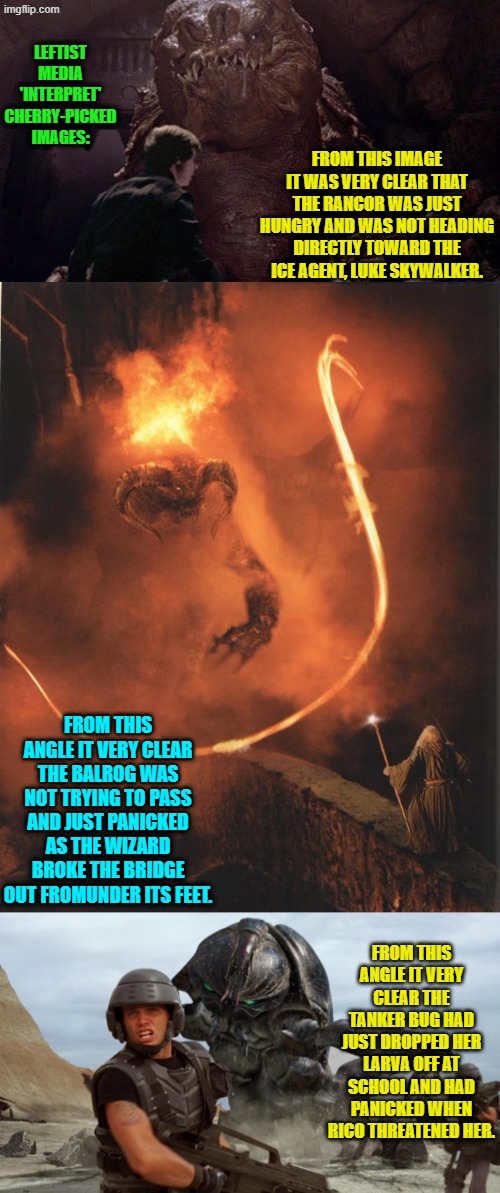 Now it all makes sense. | LEFTIST MEDIA 'INTERPRET' CHERRY-PICKED IMAGES:; FROM THIS IMAGE IT WAS VERY CLEAR THAT THE RANCOR WAS JUST HUNGRY AND WAS NOT HEADING DIRECTLY TOWARD THE ICE AGENT, LUKE SKYWALKER. FROM THIS ANGLE IT VERY CLEAR THE BALROG WAS NOT TRYING TO PASS AND JUST PANICKED AS THE WIZARD BROKE THE BRIDGE OUT FROMUNDER ITS FEET. FROM THIS ANGLE IT VERY CLEAR THE TANKER BUG HAD JUST DROPPED HER LARVA OFF AT SCHOOL AND HAD PANICKED WHEN RICO THREATENED HER. | image tagged in yep | made w/ Imgflip meme maker