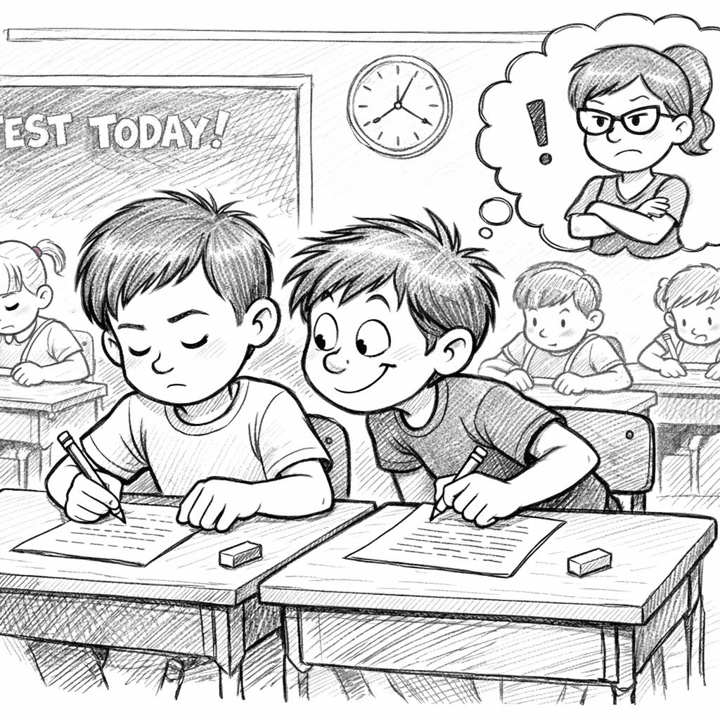 students in a classroom taking a test on student is cheating off Blank Meme Template