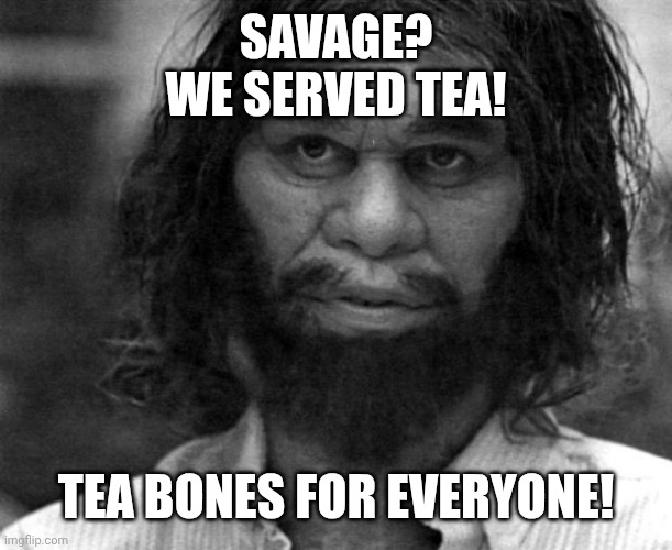 SAVAGE?
WE SERVED TEA! TEA BONES FOR EVERYONE! | image tagged in geico caveman | made w/ Imgflip meme maker