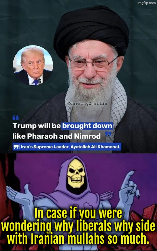 Supreme Feminist Socialist Ayatollah Khamenei | @darking2jarlie; In case if you were wondering why liberals why side with Iranian mullahs so much. | image tagged in iran,trump,liberals,democrats | made w/ Imgflip meme maker