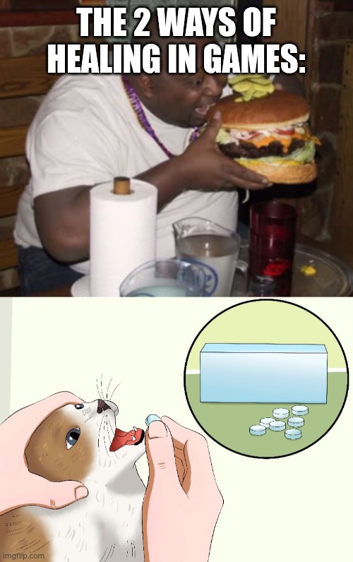 THE 2 WAYS OF HEALING IN GAMES: | image tagged in fat guy eating burger,cat medicine | made w/ Imgflip meme maker
