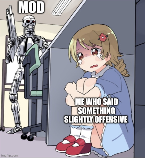accurate to my experience | MOD; ME WHO SAID SOMETHING SLIGHTLY OFFENSIVE | image tagged in anime girl hiding from terminator,discord moderator,discord | made w/ Imgflip meme maker