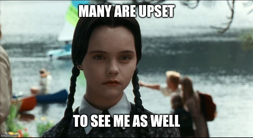 Wednesday Addams | MANY ARE UPSET TO SEE ME AS WELL | image tagged in wednesday addams | made w/ Imgflip meme maker