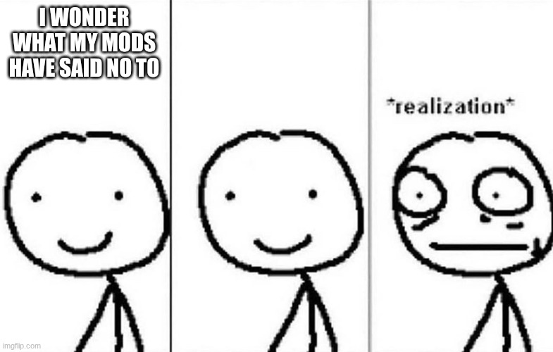 WHAT DID THEY DO TO PARTY NOOB!?!??!?!?! | I WONDER WHAT MY MODS HAVE SAID NO TO | image tagged in realization | made w/ Imgflip meme maker