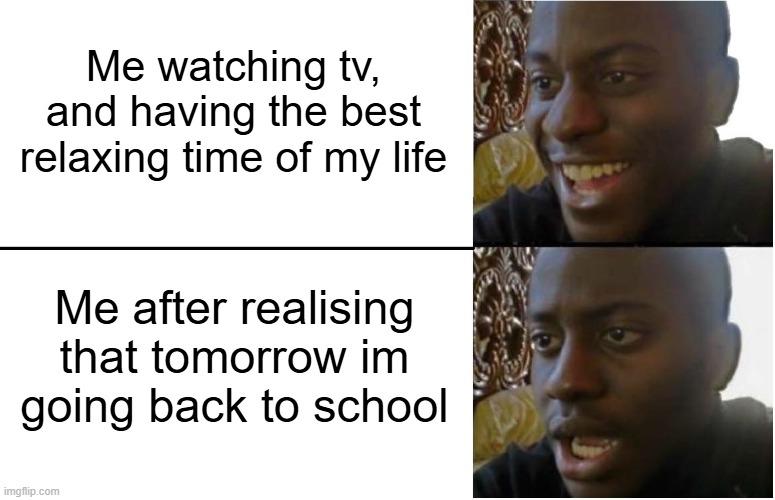 Disappointed Black Guy | Me watching tv, and having the best relaxing time of my life; Me after realising that tomorrow im going back to school | image tagged in disappointed black guy | made w/ Imgflip meme maker