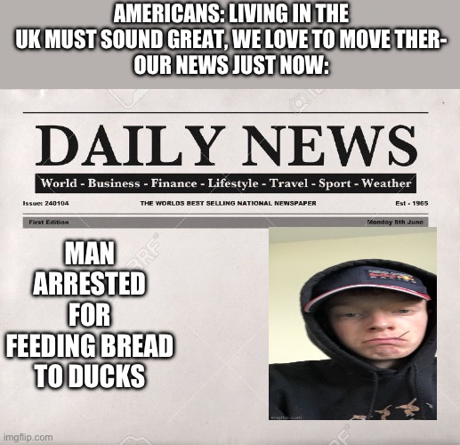 newspaper | AMERICANS: LIVING IN THE UK MUST SOUND GREAT, WE LOVE TO MOVE THER-
OUR NEWS JUST NOW:; MAN ARRESTED FOR FEEDING BREAD TO DUCKS | image tagged in newspaper | made w/ Imgflip meme maker