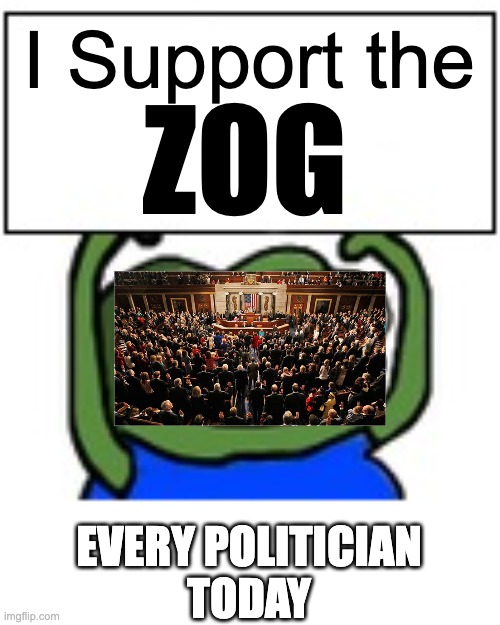 Pepe holding sign | I Support the; ZOG; EVERY POLITICIAN
TODAY | image tagged in pepe holding sign | made w/ Imgflip meme maker