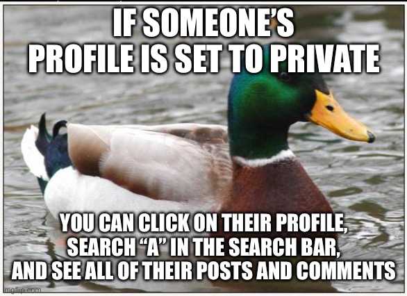Actual Advice Mallard Meme | IF SOMEONE’S PROFILE IS SET TO PRIVATE; YOU CAN CLICK ON THEIR PROFILE, SEARCH “A” IN THE SEARCH BAR, AND SEE ALL OF THEIR POSTS AND COMMENTS | image tagged in memes,actual advice mallard | made w/ Imgflip meme maker