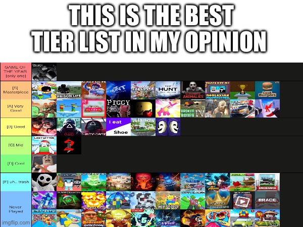 Da best list (rate out of 10 in the comments | THIS IS THE BEST TIER LIST IN MY OPINION | image tagged in roblox,game,list | made w/ Imgflip meme maker