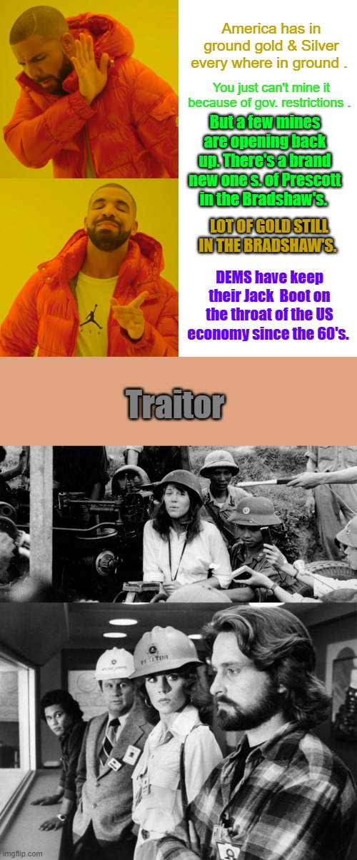 Only 15% of AZ land is private owned. All the rest is Indian Rev.  or Owned by Fed. AZ had Hugh gold mines. Vulture & Gladiator | America has in ground gold & Silver every where in ground . You just can't mine it because of gov. restrictions . But a few mines are opening back up. There's a brand new one s. of Prescott in the Bradshaw's. LOT OF GOLD STILL IN THE BRADSHAW'S. DEMS have keep their Jack  Boot on the throat of the US economy since the 60's. Traitor | image tagged in memes,drake hotline bling | made w/ Imgflip meme maker