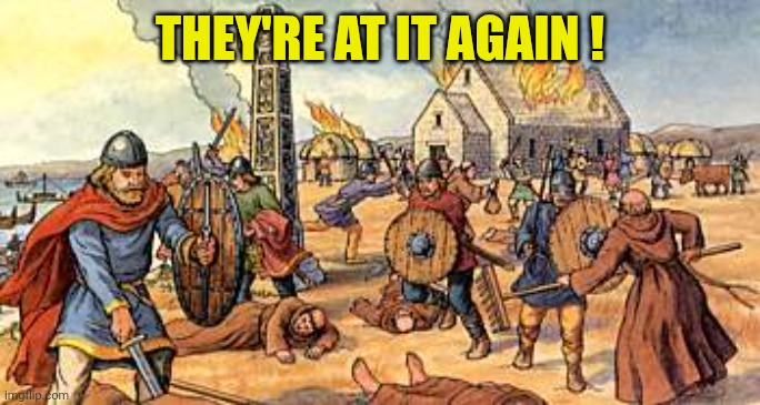 THEY'RE AT IT AGAIN ! | image tagged in viking raid | made w/ Imgflip meme maker