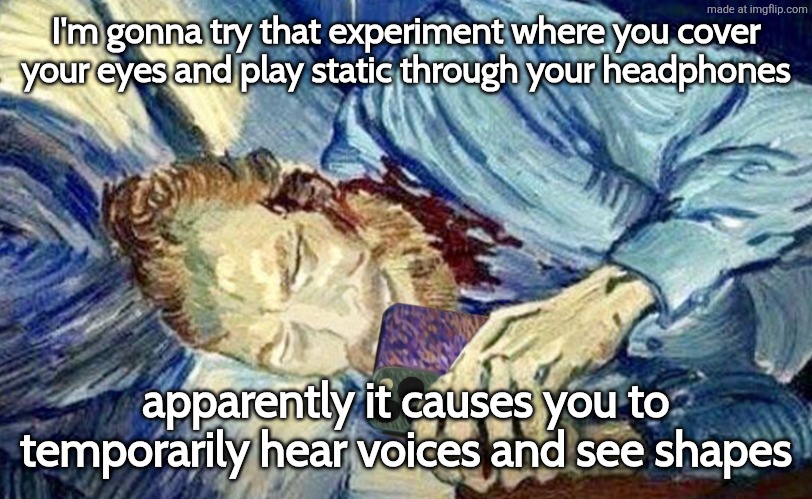 Giggle | I'm gonna try that experiment where you cover
your eyes and play static through your headphones; apparently it causes you to temporarily hear voices and see shapes | image tagged in giggle | made w/ Imgflip meme maker