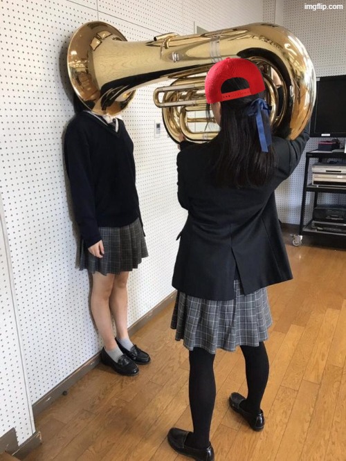 Girl Putting Tuba on Girl's Head | image tagged in girl putting tuba on girl's head | made w/ Imgflip meme maker