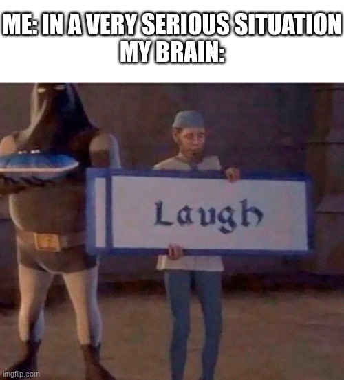 I found this one on youtube | ME: IN A VERY SERIOUS SITUATION
MY BRAIN: | image tagged in blank white template,laugh sign | made w/ Imgflip meme maker