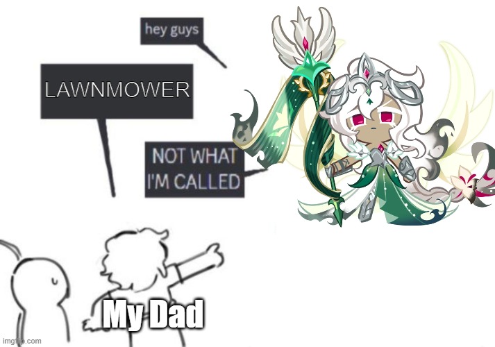 Based on an interaction I had with my dad | LAWNMOWER; My Dad | image tagged in hey guys - not what i'm called,cookie run kingdom | made w/ Imgflip meme maker