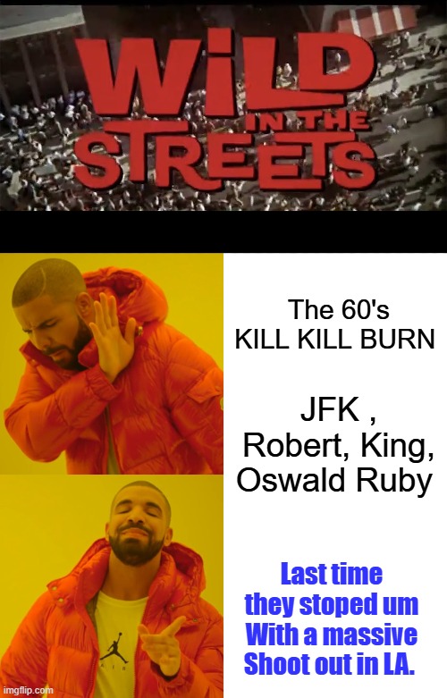 The 60's KILL KILL BURN; JFK , Robert, King, Oswald Ruby; Last time they stoped um With a massive Shoot out in LA. | image tagged in memes,drake hotline bling | made w/ Imgflip meme maker