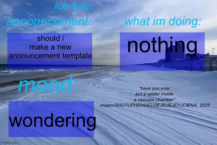 ice-fury. template | nothing; should i make a new announcement template; wondering | image tagged in ice-fury template | made w/ Imgflip meme maker