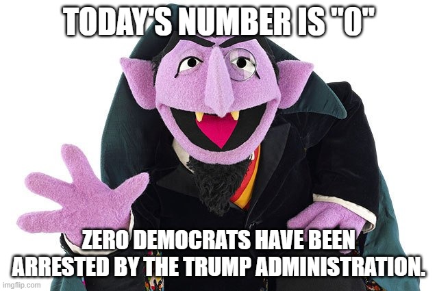 I'm Still waiting for this to Happen. | TODAY'S NUMBER IS "0"; ZERO DEMOCRATS HAVE BEEN ARRESTED BY THE TRUMP ADMINISTRATION. | image tagged in count von count,arrested,democrats,trump administration,zero | made w/ Imgflip meme maker