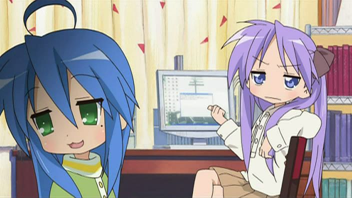 Kagami tells Konata that something shows on her computer Blank Meme Template