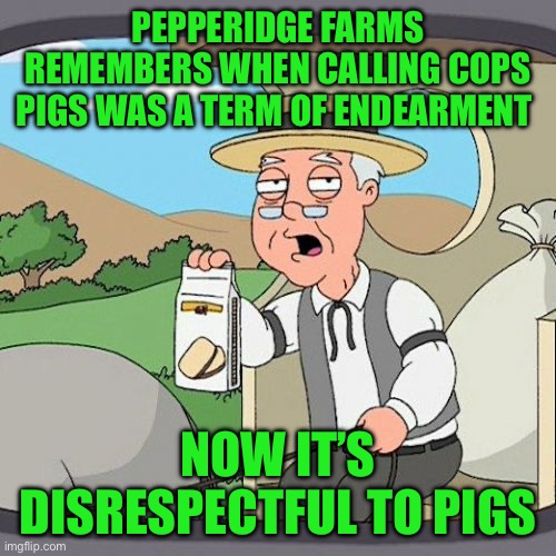 Pepperidge Farm Remembers | PEPPERIDGE FARMS REMEMBERS WHEN CALLING COPS PIGS WAS A TERM OF ENDEARMENT; NOW IT’S DISRESPECTFUL TO PIGS | image tagged in memes,pepperidge farm remembers | made w/ Imgflip meme maker