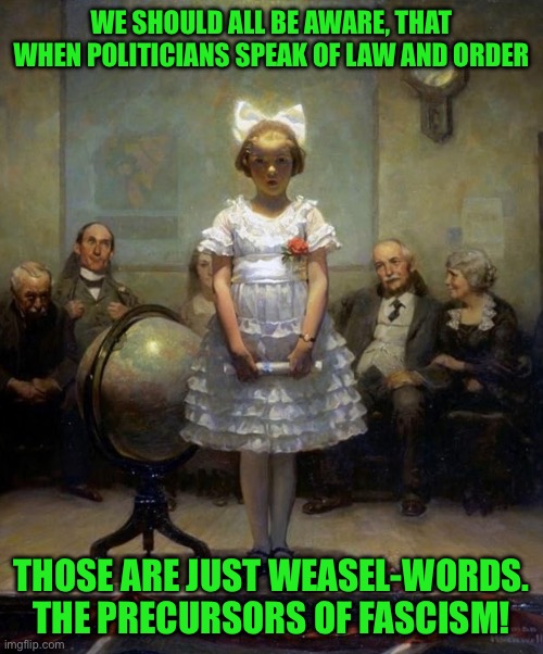 Rockwell | WE SHOULD ALL BE AWARE, THAT WHEN POLITICIANS SPEAK OF LAW AND ORDER; THOSE ARE JUST WEASEL-WORDS. THE PRECURSORS OF FASCISM! | image tagged in rockwell | made w/ Imgflip meme maker
