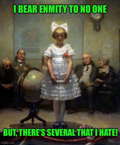 Rockwell | I BEAR ENMITY TO NO ONE; BUT, THERE’S SEVERAL THAT I HATE! | image tagged in rockwell | made w/ Imgflip meme maker