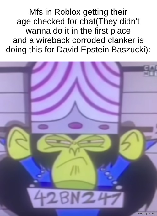 Mfs in Roblox getting their age checked for chat(They didn't wanna do it in the first place and a wireback corroded clanker is doing this for David Epstein Baszucki): | made w/ Imgflip meme maker