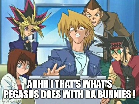 Bunnies | AHHH ! THAT'S WHAT'S PEGASUS DOES WITH DA BUNNIES ! | image tagged in yugioh fanfiction,yugioh,bunnies,pegasus | made w/ Imgflip meme maker