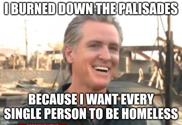 Gavin Newsom | I BURNED DOWN THE PALISADES; BECAUSE I WANT EVERY SINGLE PERSON TO BE HOMELESS | image tagged in gavin newsom | made w/ Imgflip meme maker