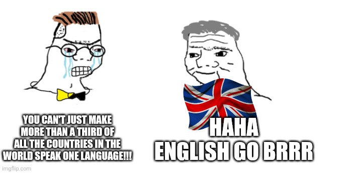 A lot of people speak english because of the UK empire | YOU CAN'T JUST MAKE MORE THAN A THIRD OF ALL THE COUNTRIES IN THE WORLD SPEAK ONE LANGUAGE!!! HAHA ENGLISH GO BRRR | image tagged in nooo haha go brrr,british,english | made w/ Imgflip meme maker