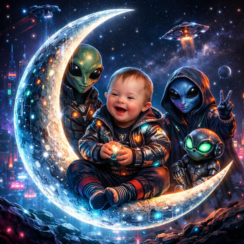 down sindrome baby in the moon with aliens Blank Meme Template