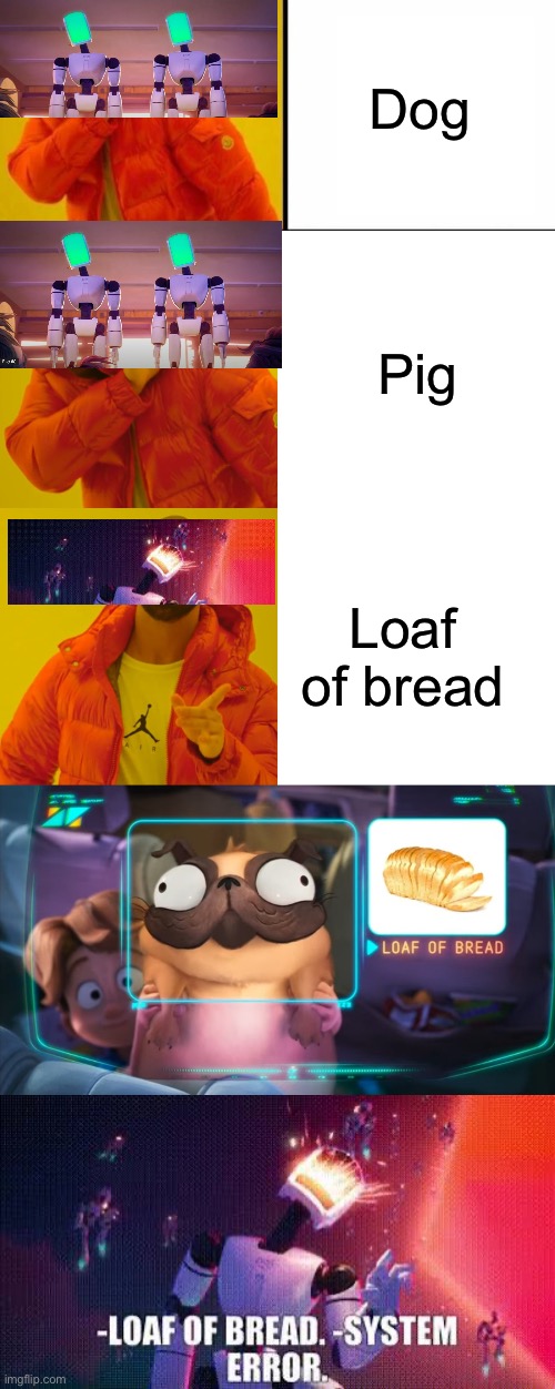 Not long meme | Dog; Pig; Loaf of bread | image tagged in orange jacket,memes,drake hotline bling,x y,mtvsmt,the mitchells | made w/ Imgflip meme maker