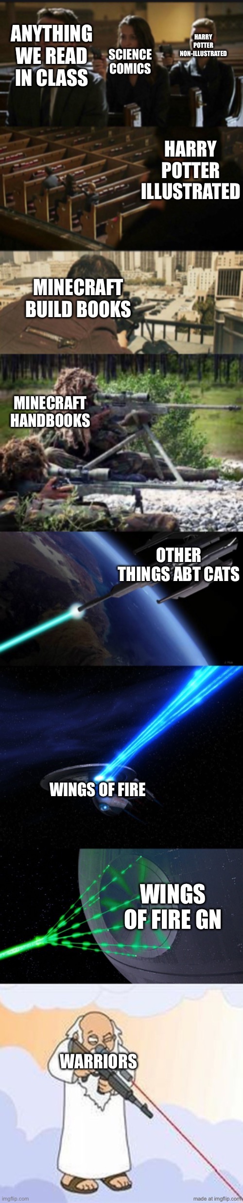 Books I like to read | ANYTHING WE READ IN CLASS SCIENCE COMICS HARRY POTTER NON-ILLUSTRATED HARRY POTTER ILLUSTRATED MINECRAFT BUILD BOOKS MINECRAFT HANDBOOKS OTH | image tagged in assassination chain with too many assassins | made w/ Imgflip meme maker