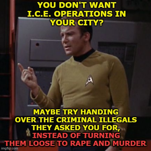 "Sanctuary" Cities; You brought this on yourselves... | YOU DON'T WANT I.C.E. OPERATIONS IN
YOUR CITY? MAYBE TRY HANDING OVER THE CRIMINAL ILLEGALS THEY ASKED YOU FOR, INSTEAD OF TURNING THEM LOOSE TO RAPE AND MURDER; INSTEAD OF TURNING THEM LOOSE TO RAPE AND MURDER | image tagged in kirk considering | made w/ Imgflip meme maker