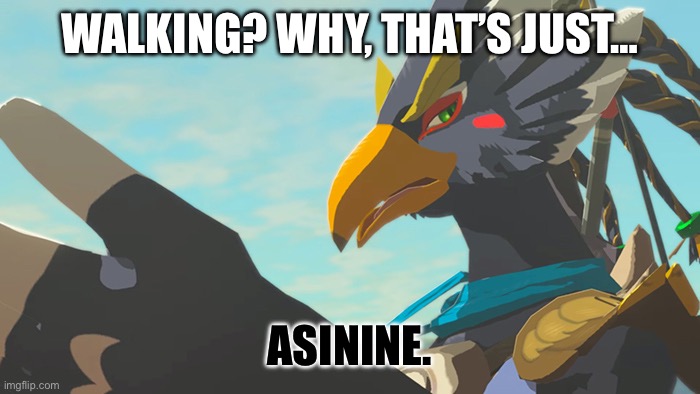 Asinine | WALKING? WHY, THAT’S JUST…; ASININE. | image tagged in revali thinks it's asinine | made w/ Imgflip meme maker