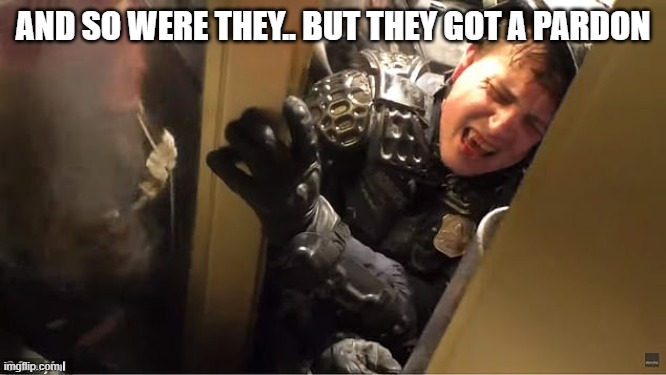 January 6th, Capitol police crushed by tourists | AND SO WERE THEY.. BUT THEY GOT A PARDON | image tagged in january 6th capitol police crushed by tourists | made w/ Imgflip meme maker