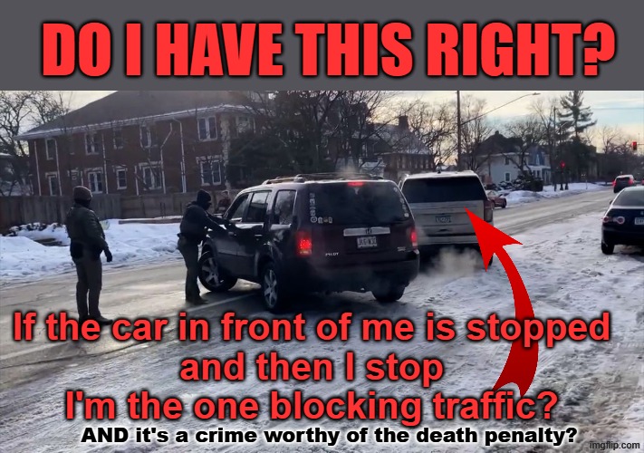 Understanding the law according to ICE | DO I HAVE THIS RIGHT? If the car in front of me is stopped
and then I stop
I'm the one blocking traffic? AND it's a crime worthy of the death penalty? | image tagged in ice,trump immigration policy,trump,maga,police state | made w/ Imgflip meme maker