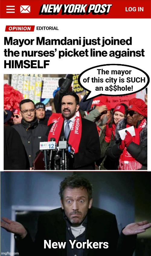 For once, we're in agreement | The mayor
of this city is SUCH
an a$$hole! New Yorkers | image tagged in shrug,zohran mamdani,new york city,nurses strike,democrats,idiot | made w/ Imgflip meme maker