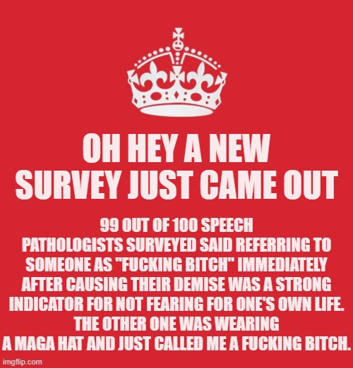 I guess Big Boy didn't think my survey was as scary as a Honda Pilot going 1 MPH. | OH HEY A NEW SURVEY JUST CAME OUT; 99 OUT OF 100 SPEECH PATHOLOGISTS SURVEYED SAID REFERRING TO SOMEONE AS "FUCKING BITCH" IMMEDIATELY AFTER CAUSING THEIR DEMISE WAS A STRONG INDICATOR FOR NOT FEARING FOR ONE'S OWN LIFE.
THE OTHER ONE WAS WEARING A MAGA HAT AND JUST CALLED ME A FUCKING BITCH. | image tagged in memes,politics,fuckingbitch | made w/ Imgflip meme maker