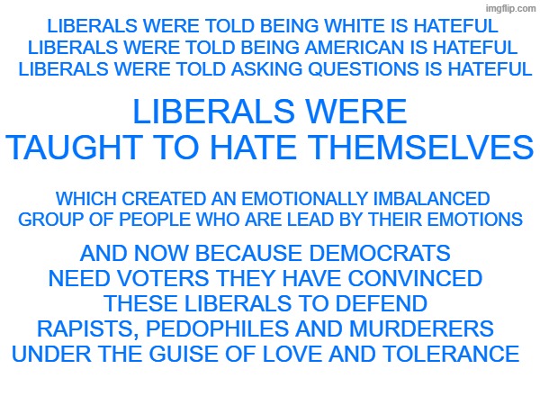 liberals hate themselves | LIBERALS WERE TAUGHT TO HATE THEMSELVES; LIBERALS WERE TOLD BEING WHITE IS HATEFUL 
LIBERALS WERE TOLD BEING AMERICAN IS HATEFUL 
LIBERALS WERE TOLD ASKING QUESTIONS IS HATEFUL; WHICH CREATED AN EMOTIONALLY IMBALANCED GROUP OF PEOPLE WHO ARE LEAD BY THEIR EMOTIONS; AND NOW BECAUSE DEMOCRATS NEED VOTERS THEY HAVE CONVINCED THESE LIBERALS TO DEFEND RAPISTS, PEDOPHILES AND MURDERERS UNDER THE GUISE OF LOVE AND TOLERANCE | made w/ Imgflip meme maker